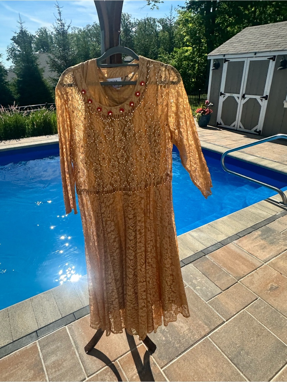 Golden Lace Midi Dress with Jewel Detail